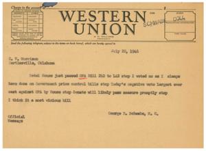 Important Telegram Regarding OPA Bill from George B. Schwabe, M.C., 1946-07-22