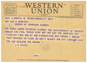 Telegram from J.E. Trigg to Congressman Geo B. Schwabe regarding OPA and the New Deal, 1945-01-01 - 1946-12-31