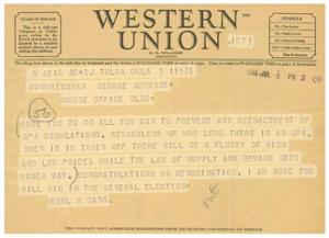 Urgent Telegram to Congressman Schwabe regarding OPA Regulations, 1945-01-01 - 1946-12-31
