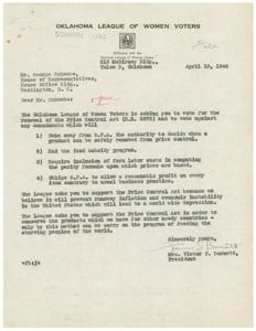 Urgent Request to Support Price Control Act: Oklahoma League of Women Voters, 1946-04-15