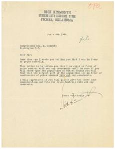 Support for Price Control: A Letter to Congressman Schwabe, 1945-01-01 - 1946-12-31
