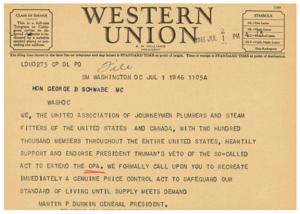 Support for President Truman&#39;s Veto: United Association of Journeymen Plumbers and Steam Fitters, 1945-01-01 - 1946-12-31