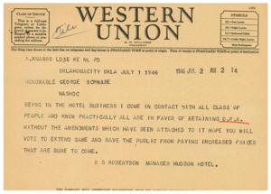 Telegram from R.S. Robertson to Honorable George Schwabe regarding O.P.A. Extension, 1945-01-01 - 1946-12-31
