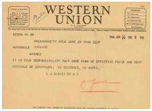 Importance of Price and Rent Controls in Telegram to Honorable Schwabe, 1945-01-01 - 1946-12-31
