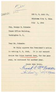 Support for Price Control Laws: A Letter to Honorable  George B. Schwabe, 1946-07-01