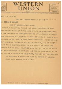 Urgent Message To House Representative Regarding Tariff Protection, 1943-01-01 - 1943-12-31