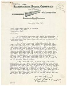 The Education Crisis: A Letter Exchange Between R.W. Robberson and Congressman George B. Schwabe, 1945-09-15