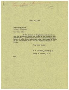 Supporting a Voluntary Army: A Letter to Representative George B. Schwabe, 1946-04-24