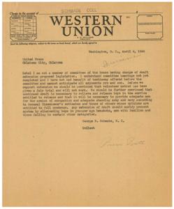 Telegram Regarding Draft Extension by George B. Schwabe, M. C., 1946-04-04