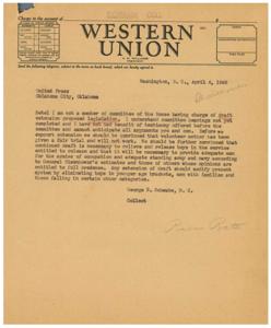 Telegram from George B. Schwabe, M. C. regarding Draft Extension, 1946-04-04