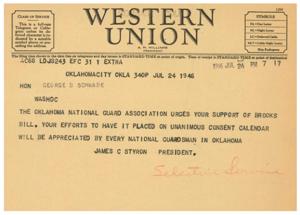 Telegram Urging Support for Brooks Bill from Oklahoma National Guard Association, 1941-01-01 - 1941-12-31