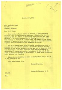 Family Allowance Legislation for Soldiers: Correspondence Between Mrs. Gertrude Tharp and Honorable  George B. Schwabe, 1945-11-14