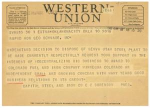 Telegram Regarding Disposal of Geneva Utah Steel Plant, 1945-01-01 - 1946-12-31