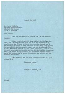 Opposition to Socialistic Measures: A Letter from Congressman George B. Schwabe, 1946-08-22
