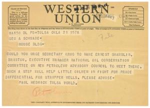 Telegram Urging Secretary Krug to Appoint Ernest Shamblin as Executive Manager, 1945-01-01 - 1946-12-31