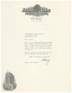Supporting Postal Workers: A Letter from Atlas Life Insurance Company President, 1945-04-24