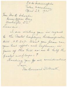 Title: Support Needed for Postal Employee Reclassification Bill - Letter to Honorable  Geo. B. Schwabe, 1945-01-01 - 1946-12-31