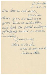 Request for Consideration of HR Bill 2071 for Postal Employee Salary Increase, 1945-01-01 - 1946-12-31