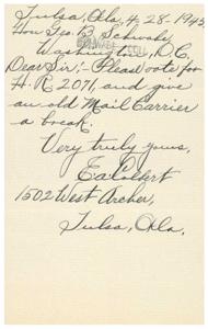 Request for Support of H.R.2071 for an Old Mail Carrier in Jules, Alabama, 1945-01-01 - 1946-12-31
