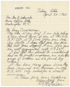Request for Support: H.R. 2071 for Postal Employee Pay Increase, 1945-01-01 - 1946-12-31