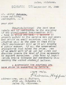 Letter from Philomena Heffer Regarding Unemployment Compensation and Full Employment Bills, 1945, 1945-01-01 - 1946-12-31