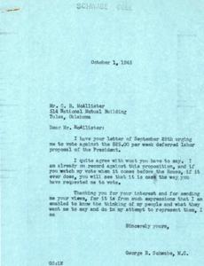 Correspondence between George Schwabe and C.B. McAllister Regarding the $25.00 Per Week Unemployment Bill, 1945-09-28