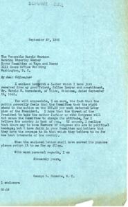 Letter from George B. Schwabe to Harold Knutson Regarding President&#39;s Deferred Labor Plan, 1945-09-27