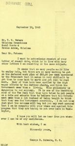 Post-War Employment Challenges and Government Assistance Programs: Correspondence between Rep. George B. Schwabe and Mr. T. W. Peters, 1945-09-04