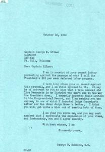 Correspondence between Congressman George B. Schwabe and Captain George W. Kilmer on Opposition to the President&#39;s Deferred Labor Program, 1945-10-16
