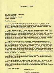 Correspondence between Representative George B. Schwabe and Moreland Company President Wm. D. Moorer on the Proposed Tax Relief and Full Employment Bill, 1945-09-01