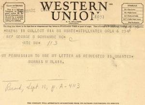 Telegram Exchange between Congressman Schwabe and Professor Blair Regarding the Full-Employment Bill: A Historical Document from 1945, 1945-08-24
