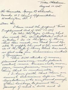 Letter to Representative George B. Schwabe Opposing the Full Employment Act of 1945, 1945-01-01 - 1946-12-31