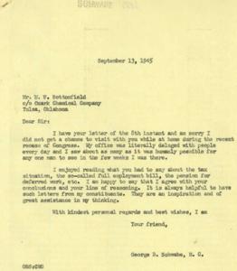 Correspondence between George B. Schwabe and M. W. Bottomfield Regarding Taxation and Employment Policies in 1945, 1945-09-08