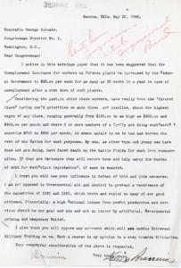 Letter to Congressman Opposing Increase in Unemployment Insurance for Defense Plant Workers and Universal Military Training, 1945-05-29
