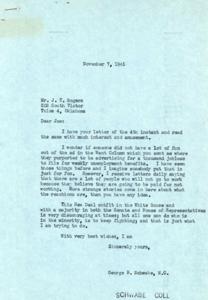 Correspondence on the New Deal and Unemployment: A Letter Exchange between J.T. Rogers and George B. Schwabe, 1945, 1945-11-07