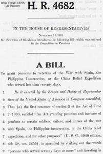 1945 Congressional Bill Proposing Pensions for Short-Term Veterans of Spanish-American War, Philippine Insurrection, and China Relief Expedition, 1945-01-01 - 1946-12-31