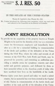 Introduction of Joint Resolution for Acquisition and Memorialization of Temple Heights Property, 1945-01-01 - 1946-12-31