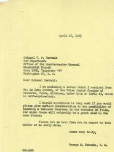 Proposal for a National Cemetery in Tulsa: A Letter to Colonel R. P. Harold, 1945-04-26