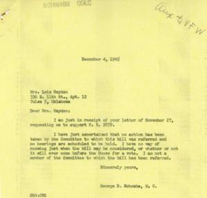 Correspondence Regarding H.R. 2859: Request for Support and Response, 1945-11-27