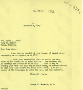 1945 Correspondence between Mrs. Jewel J. Jones and George B. Schwabe, M.C., Regarding H.R. 2859 Bill Support, 1945-12-04