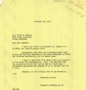 Correspondence Regarding HR 2859, The Invalid Pension Bill, between Mrs. Floyd B. Harris and Hon. George B. Schwabe, 1945-11-16