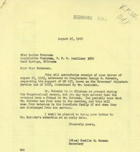 1945 Correspondence Between Miss Louise Peterman and Congressman George B. Schwabe Regarding the Veterans&#39; Adjusted-Service Act, 1945-08-21