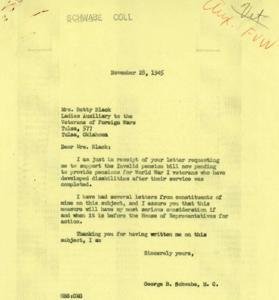Support for the Invalid Pension Bill for World War I Veterans: A Correspondence Between Mrs. Betty Black and Hon. George B. Schwabe, 1945-11-28