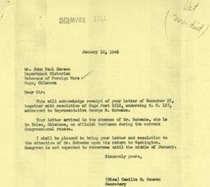 Correspondence Regarding H.R. 127 between Veterans of Foreign Wars and Representative George B. Schwabe in 1945-1946, 1946-01-10