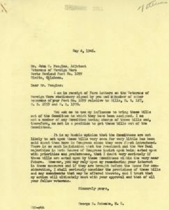 Correspondence Concerning Veterans’ Legislation in U.S. Congress, 1946, 1946-04-25