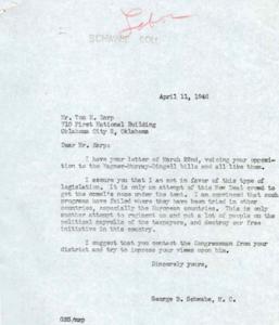["The document is a series of letters between Mr. Tom E. Earp and Mr. George B. Schwabe discussing their opposition to the Wagner-Murray-Dingell bills, which they believe are an attempt by the New Deal crowd to impose legislation that would regiment and burden taxpayers. Mr. Earp also expresses his dissatisfaction with Congressman Mike Monroney's response to his opposition."]