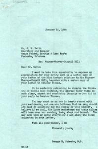 ["The document includes correspondence between George Schwabe, a member of Congress, and J.W. Keith, the Secretary and Manager of Osage Federal Savings & Loan Association, regarding the Wagner-Murray-Dingell Bill and the issue of labor unions. Schwabe expresses his agreement with Keith's views and commitment to supporting the bill, while Keith urges Senators Moore and Thomas to support the bill as well. Keith also highlights the need to address the power and influence of labor unions and the importance of protecting the right to work without interference."]