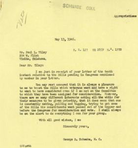 Correspondence on Advocacy for Veterans&#39; Bills Between Paul L. Tiley and George B. Schwabe, 1946, 1946-05-13
