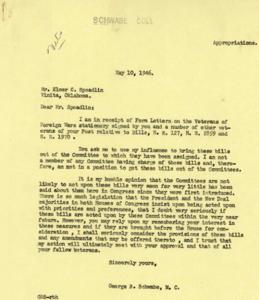 Correspondence on Veterans’ Bills Between Mr. Elmer C. Spradling and Representative George B. Schwabe, M. C. in 1946, 1946-04-25