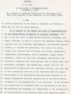 Bill for the Establishment of the Oklahoma Veterans Homestead Project, 1941-12-07